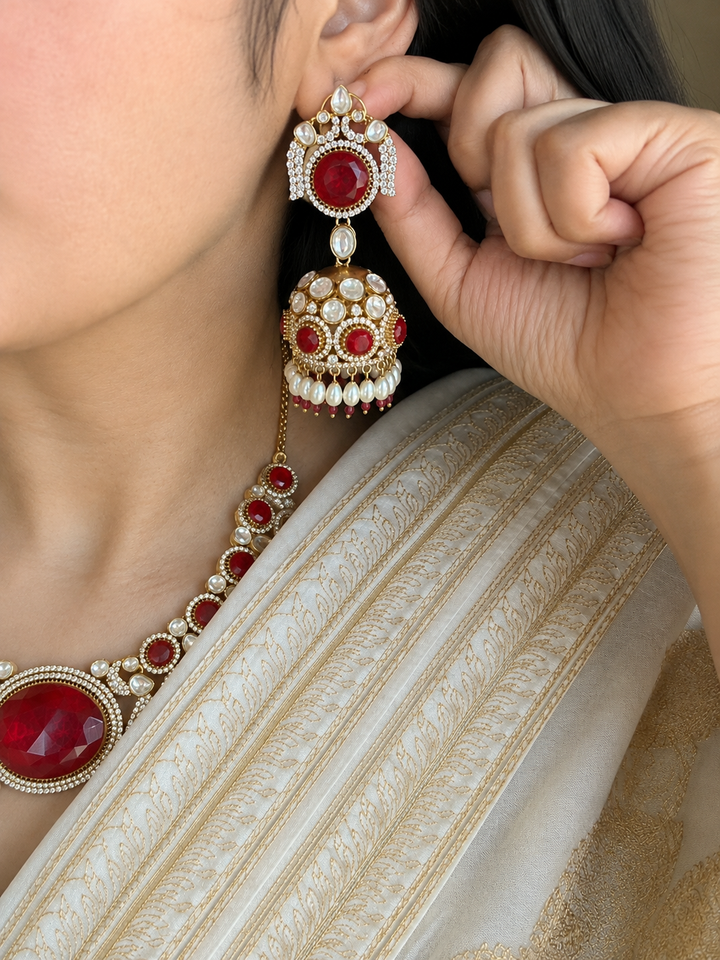 Royal Red Doublet Stone Necklace Set with Kundan Jhumka Earrings