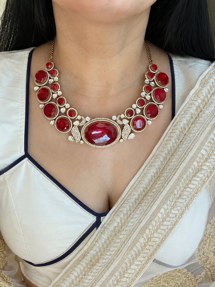 Royal Red Doublet Stone Necklace Set with Kundan Jhumka Earrings