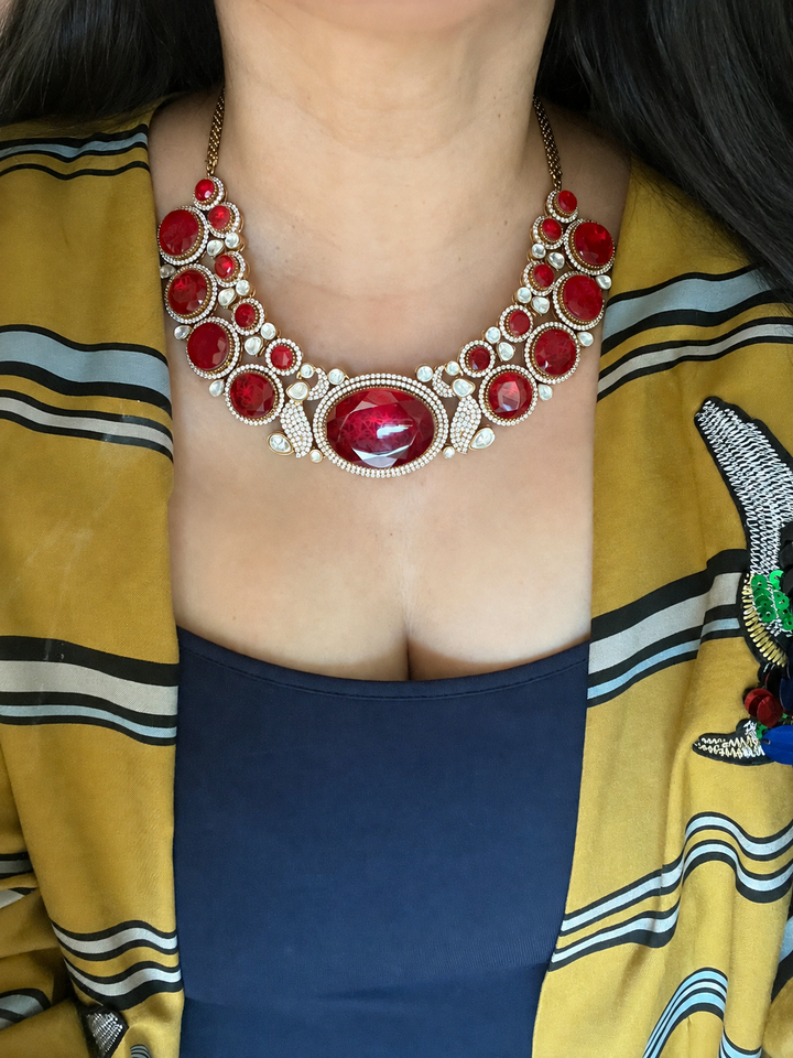 Royal Red Doublet Stone Necklace Set with Kundan Jhumka Earrings