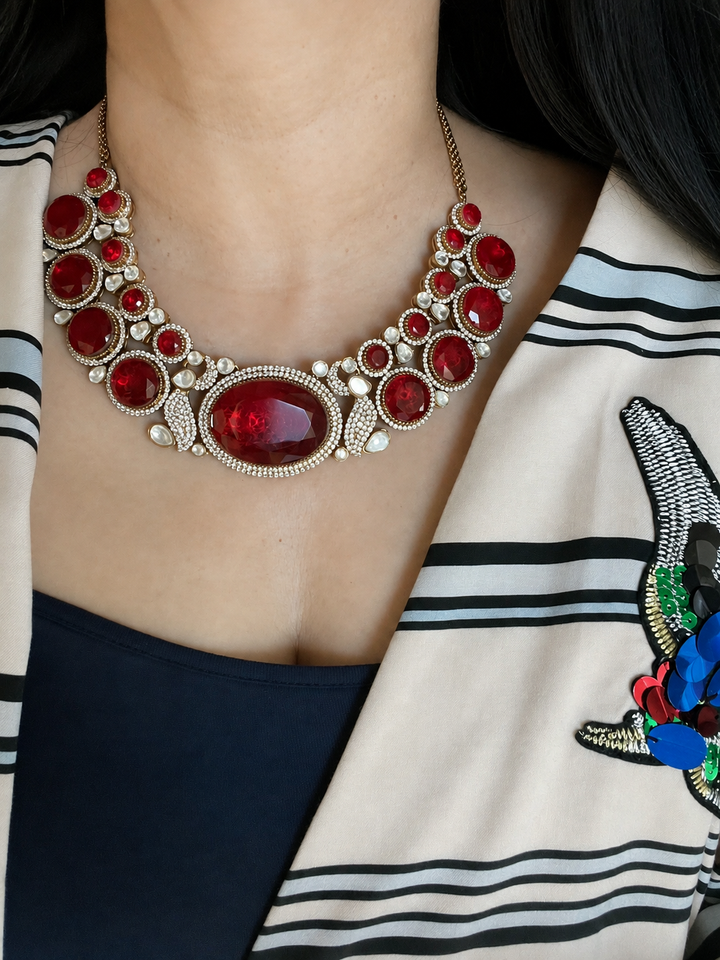 Royal Red Doublet Stone Necklace Set with Kundan Jhumka Earrings