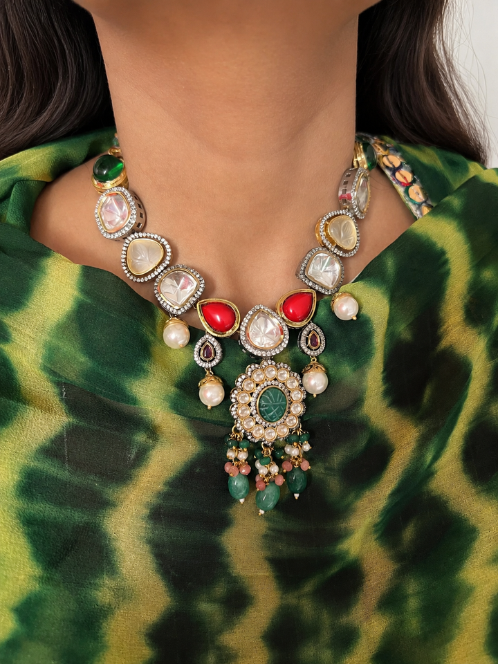 Handcrafted Kundan Choker Necklace Set with Carved Stones & CZ Borders, Multi-Color Quartz Pearl Jewelry