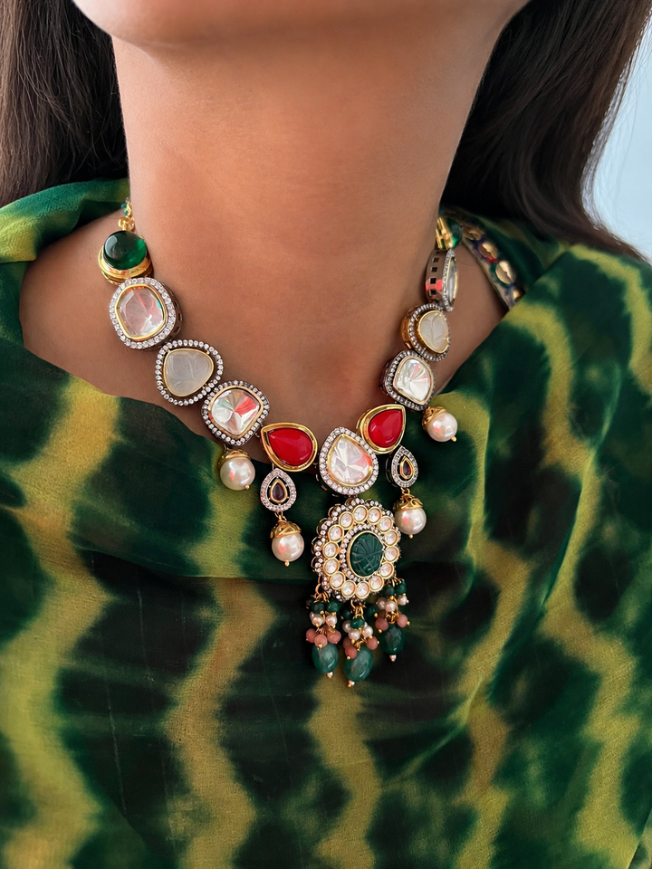 Handcrafted Kundan Choker Necklace Set with Carved Stones & CZ Borders, Multi-Color Quartz Pearl Jewelry