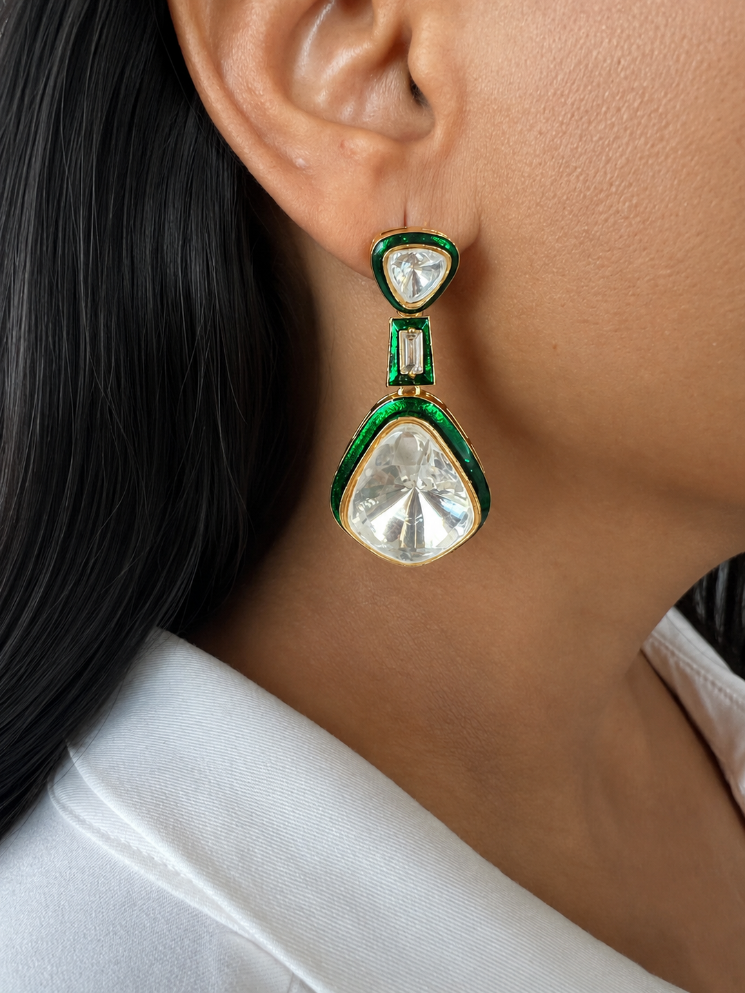 Green Enamel Kundan Drop Earrings
