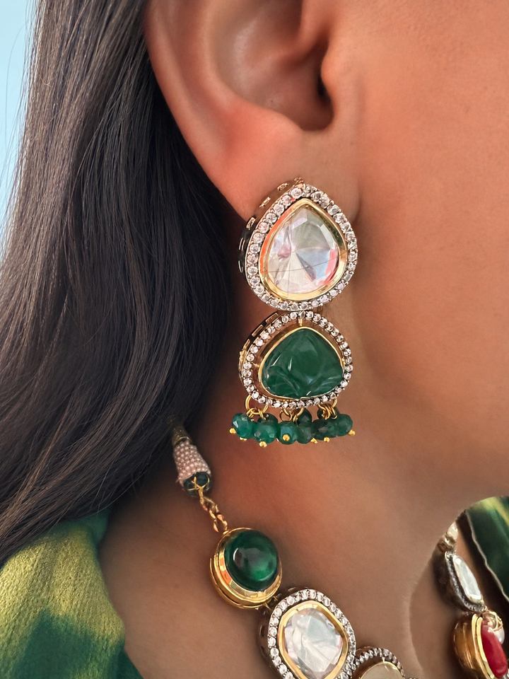 Handcrafted Kundan Choker Necklace Set with Carved Stones & CZ Borders, Multi-Color Quartz Pearl Jewelry