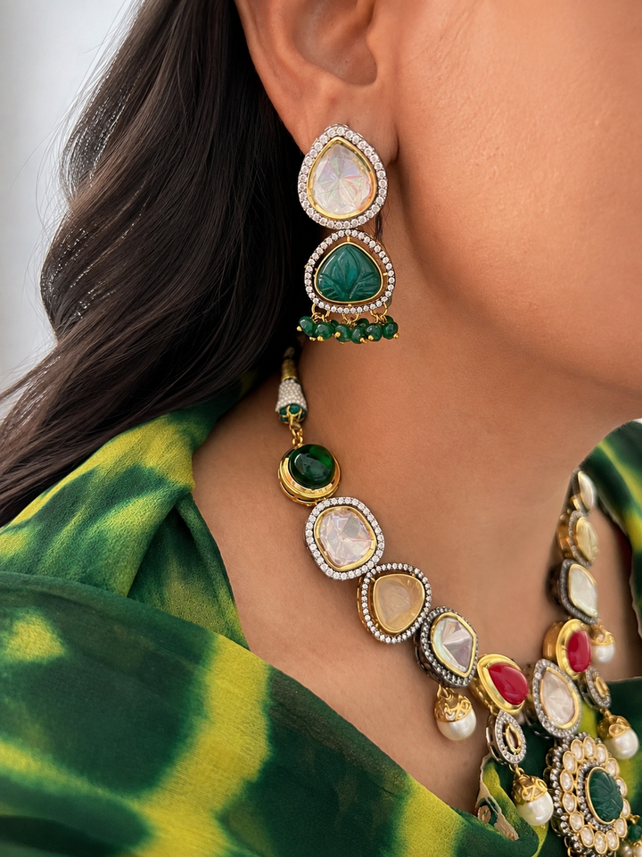 Handcrafted Kundan Choker Necklace Set with Carved Stones & CZ Borders, Multi-Color Quartz Pearl Jewelry