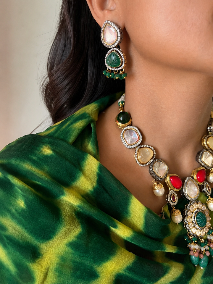 Handcrafted Kundan Choker Necklace Set with Carved Stones & CZ Borders, Multi-Color Quartz Pearl Jewelry