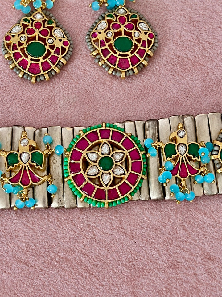 Floral Kundan Choker Set with Matching Lotus Earrings