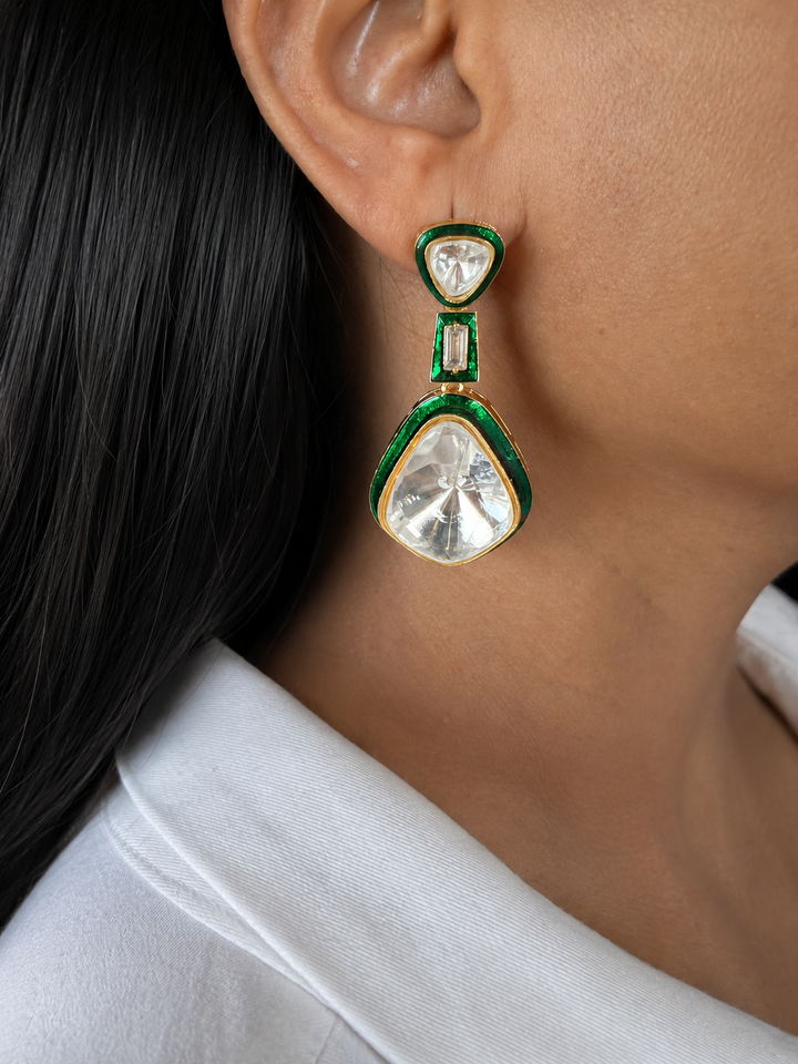 Green Enamel Kundan Drop Earrings
