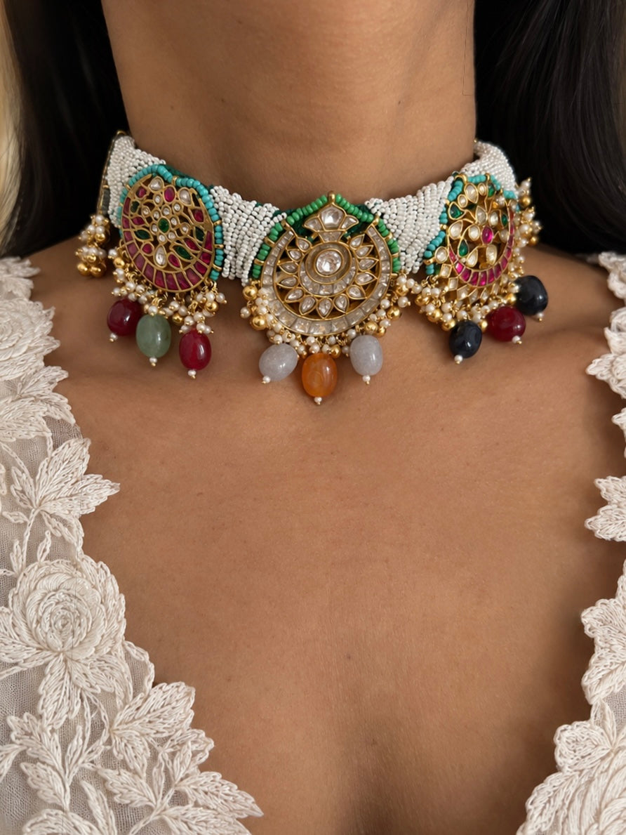 Pearl Seed Bead Multi-Gemstone Choker Necklace with Floral Jhumka Earrings
