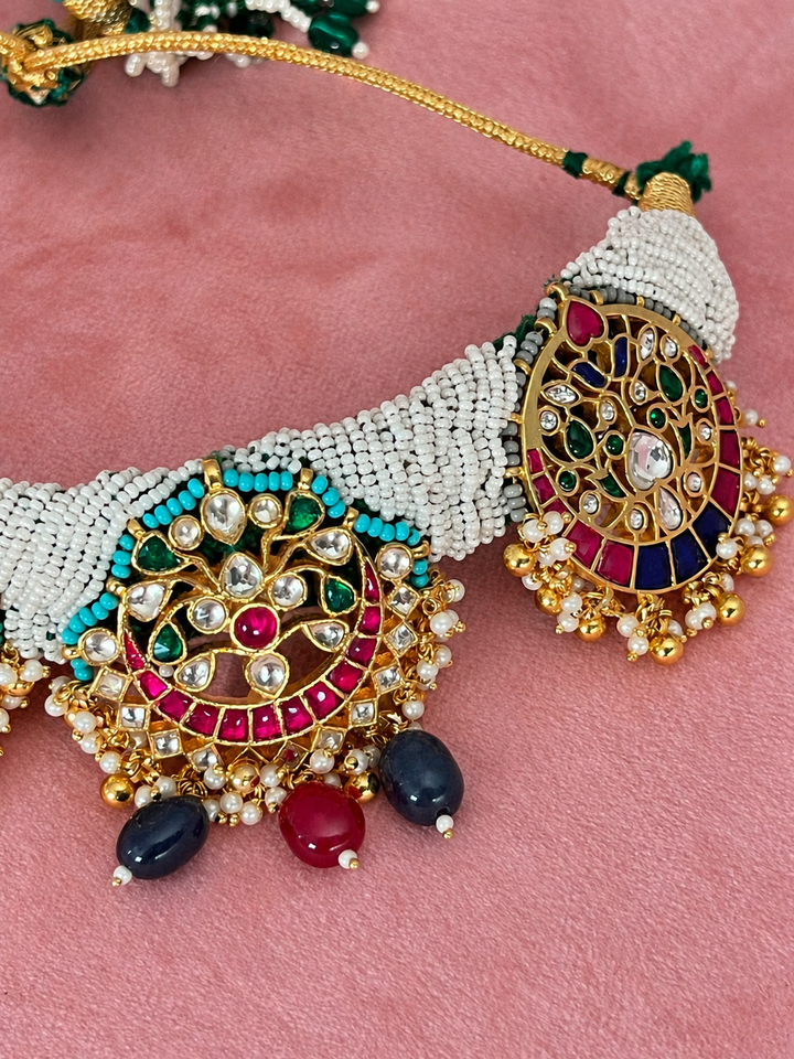 Pearl Seed Bead Multi-Gemstone Choker Necklace with Floral Jhumka Earrings
