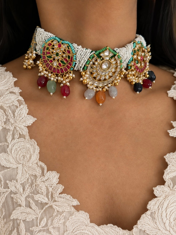 Pearl Seed Bead Multi-Gemstone Choker Necklace with Floral Jhumka Earrings