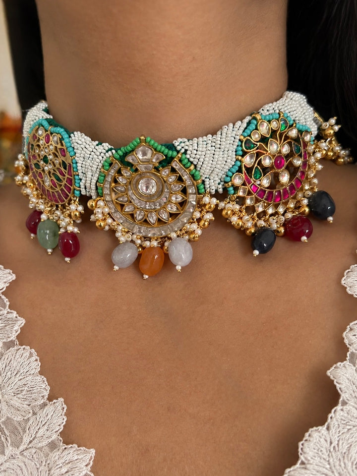 Pearl Seed Bead Multi-Gemstone Choker Necklace with Floral Jhumka Earrings
