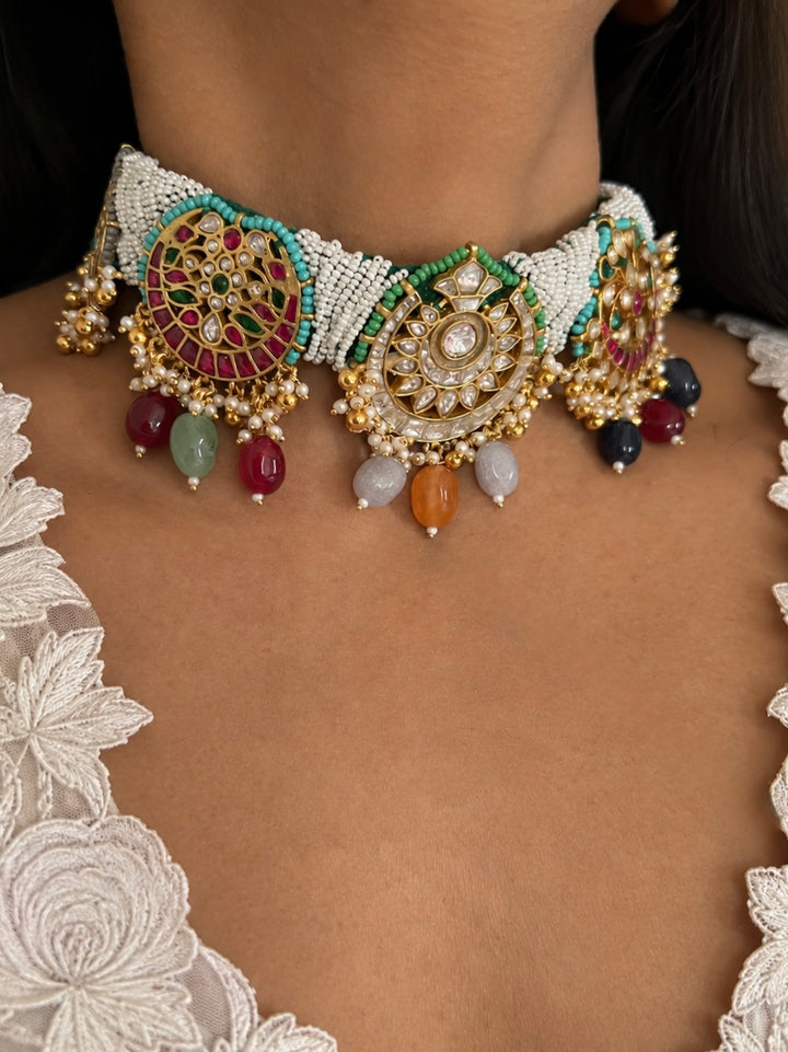 Pearl Seed Bead Multi-Gemstone Choker Necklace with Floral Jhumka Earrings