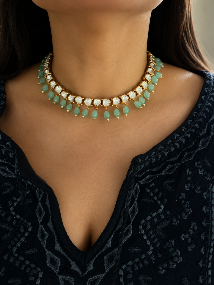 Polki Kundan Choker Necklace Set with Green Beads