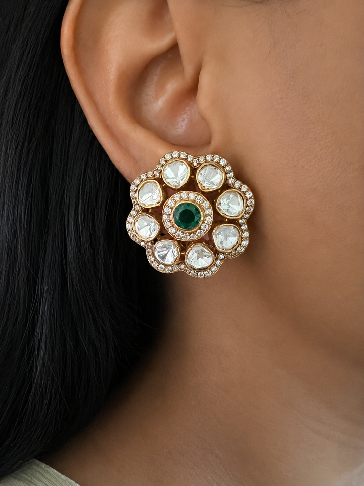 925 Silver Emerald Polki Stud Earrings, Gold Plated Floral Uncut Diamond Studs