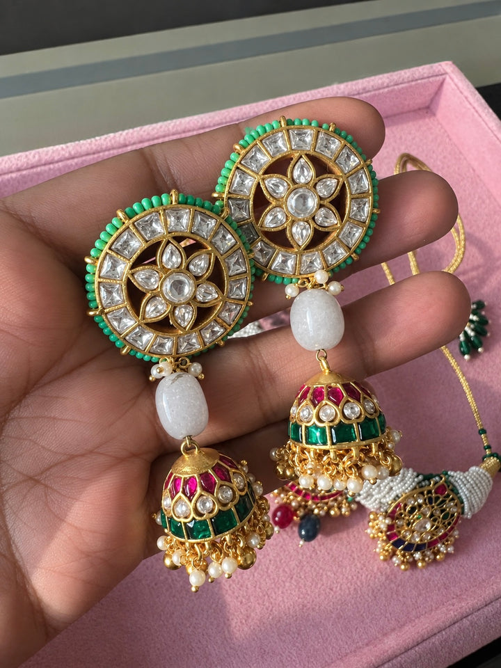Pearl Seed Bead Multi-Gemstone Choker Necklace with Floral Jhumka Earrings