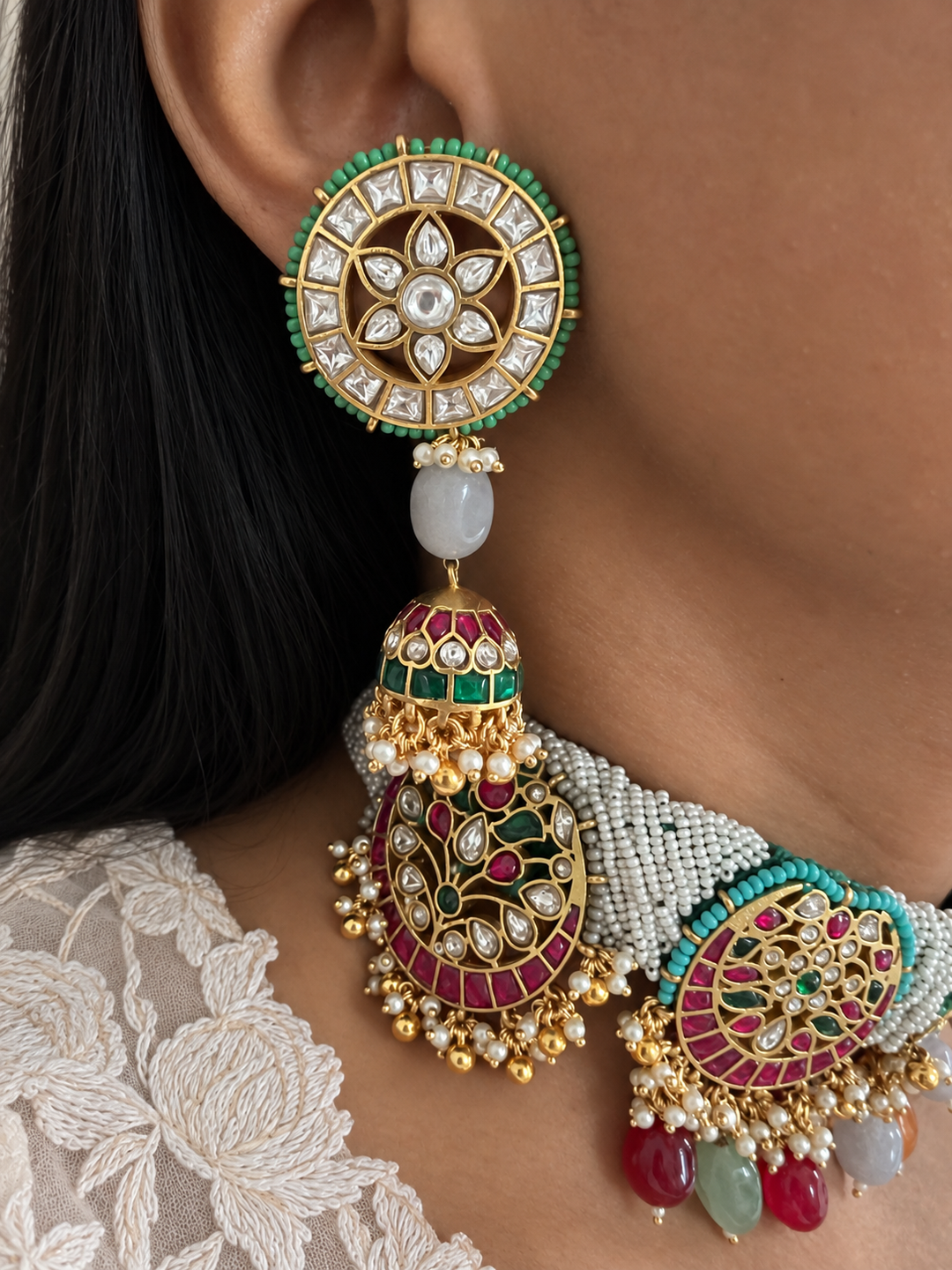 Pearl Seed Bead Multi-Gemstone Choker Necklace with Floral Jhumka Earrings