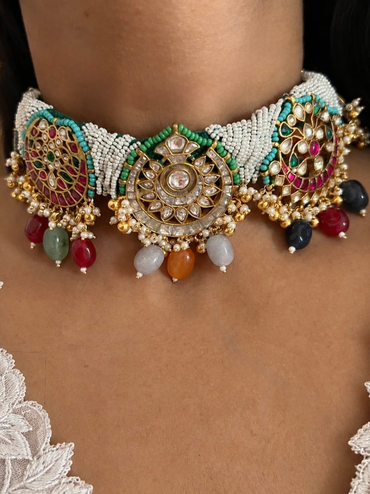 Pearl Seed Bead Multi-Gemstone Choker Necklace with Floral Jhumka Earrings