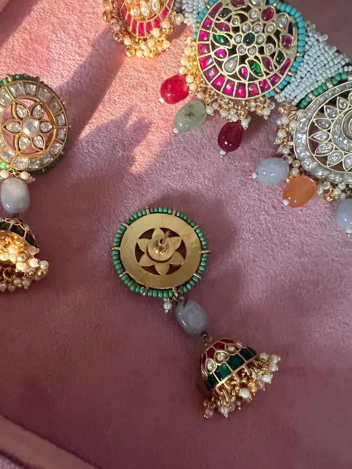 Pearl Seed Bead Multi-Gemstone Choker Necklace with Floral Jhumka Earrings