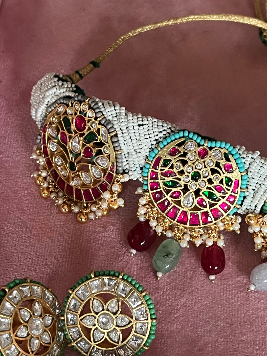 Pearl Seed Bead Multi-Gemstone Choker Necklace with Floral Jhumka Earrings