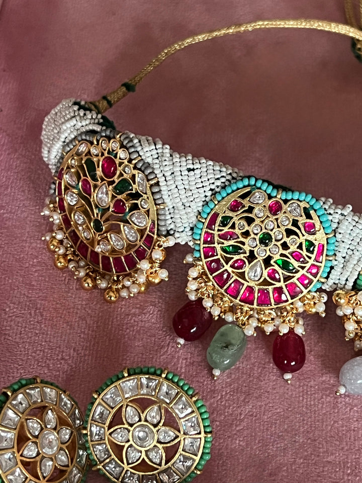 Pearl Seed Bead Multi-Gemstone Choker Necklace with Floral Jhumka Earrings