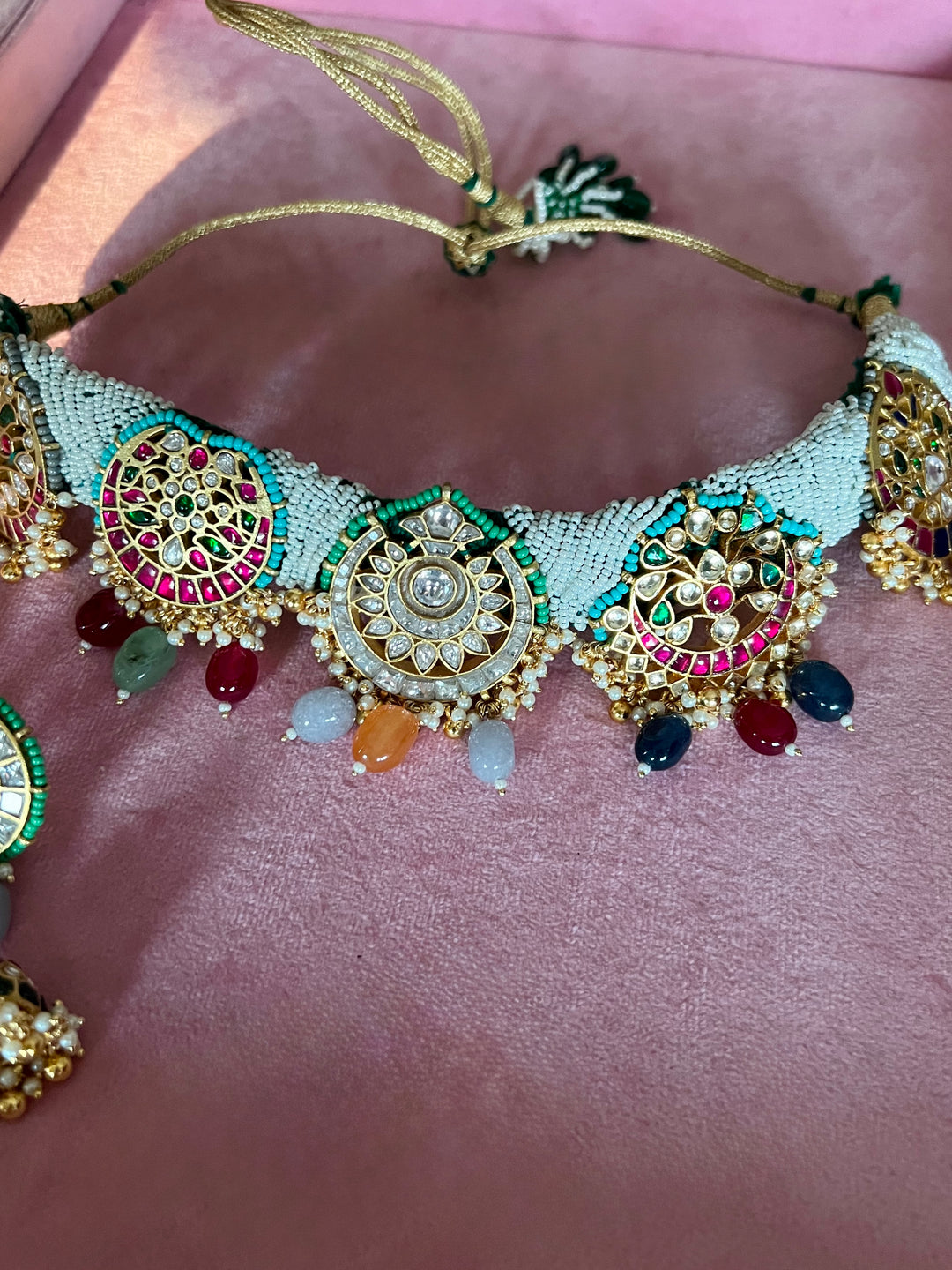 Pearl Seed Bead Multi-Gemstone Choker Necklace with Floral Jhumka Earrings