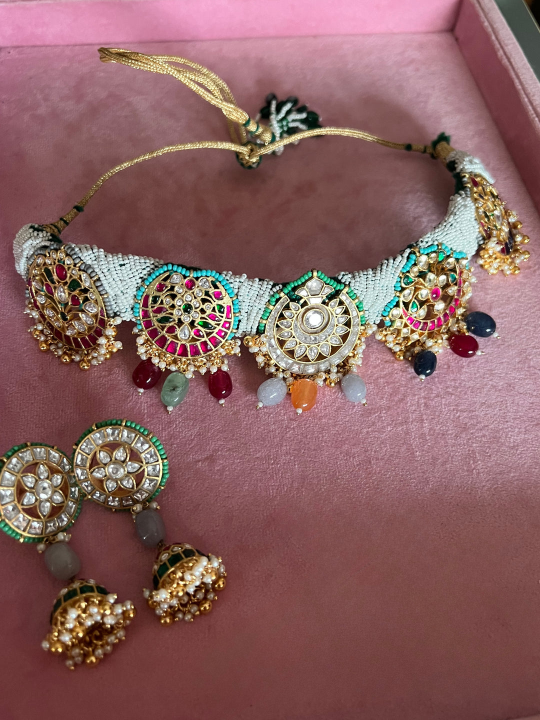 Pearl Seed Bead Multi-Gemstone Choker Necklace with Floral Jhumka Earrings