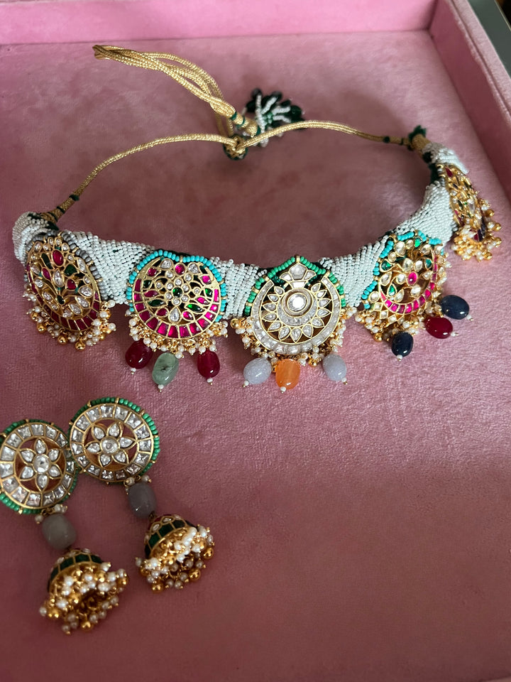 Pearl Seed Bead Multi-Gemstone Choker Necklace with Floral Jhumka Earrings