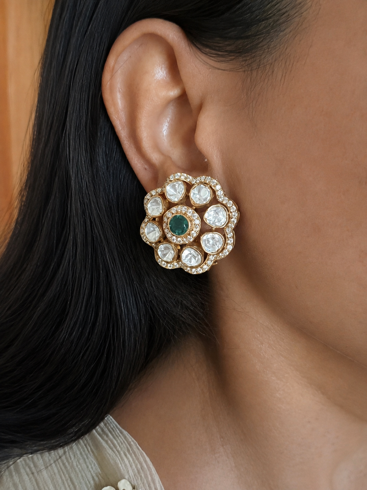 925 Silver Emerald Polki Stud Earrings, Gold Plated Floral Uncut Diamond Studs