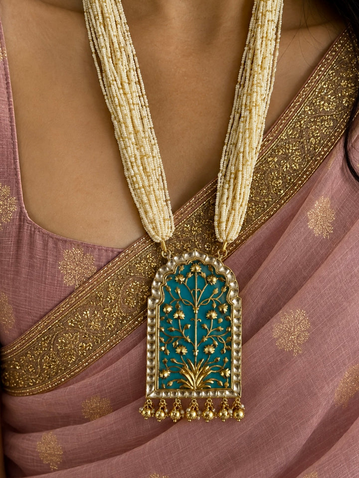 Blue Lotus Arch Pendant with Multi-Strand Seed Pearls & Statement Earrings