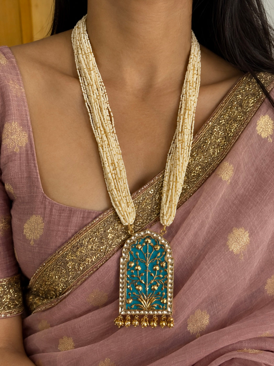 Blue Lotus Arch Pendant with Multi-Strand Seed Pearls & Statement Earrings