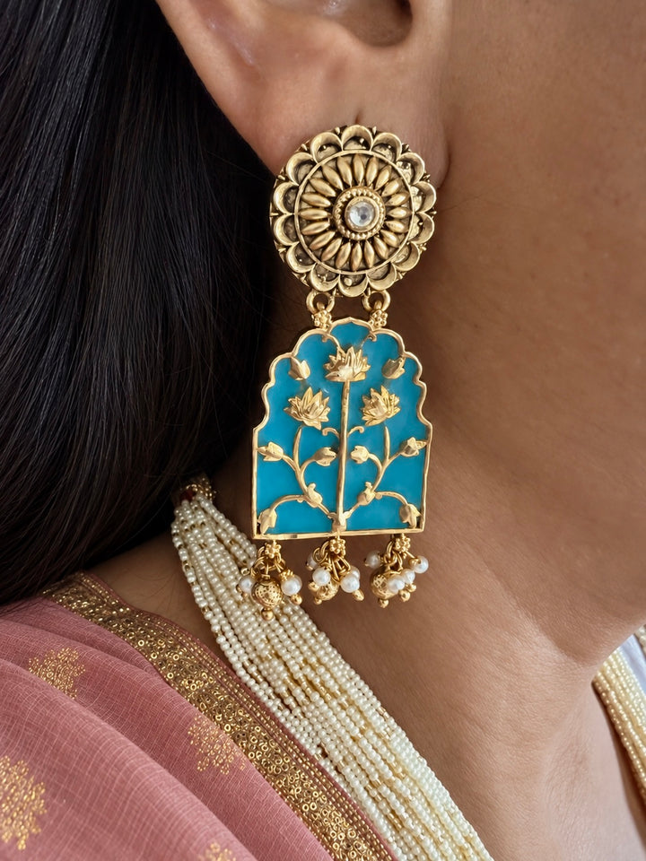 Blue Lotus Arch Pendant with Multi-Strand Seed Pearls & Statement Earrings