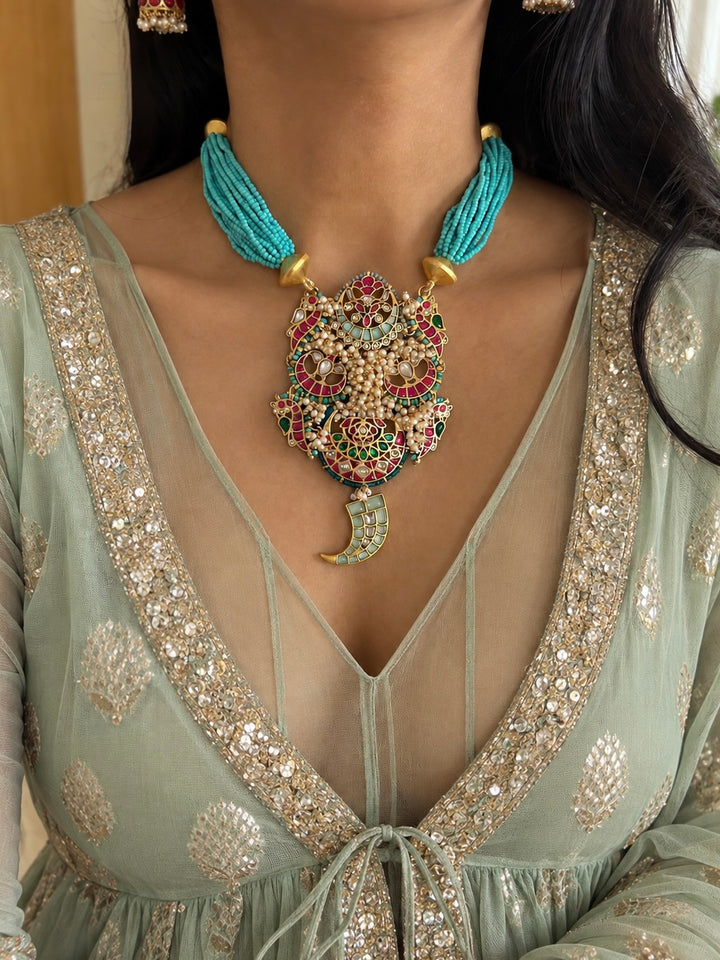 The Neelam Set, Turquoise Multi Strand Bead Pendant Necklace with Jhumka Earrings