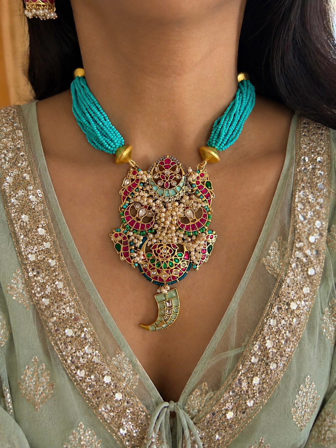 The Neelam Set, Turquoise Multi Strand Bead Pendant Necklace with Jhumka Earrings