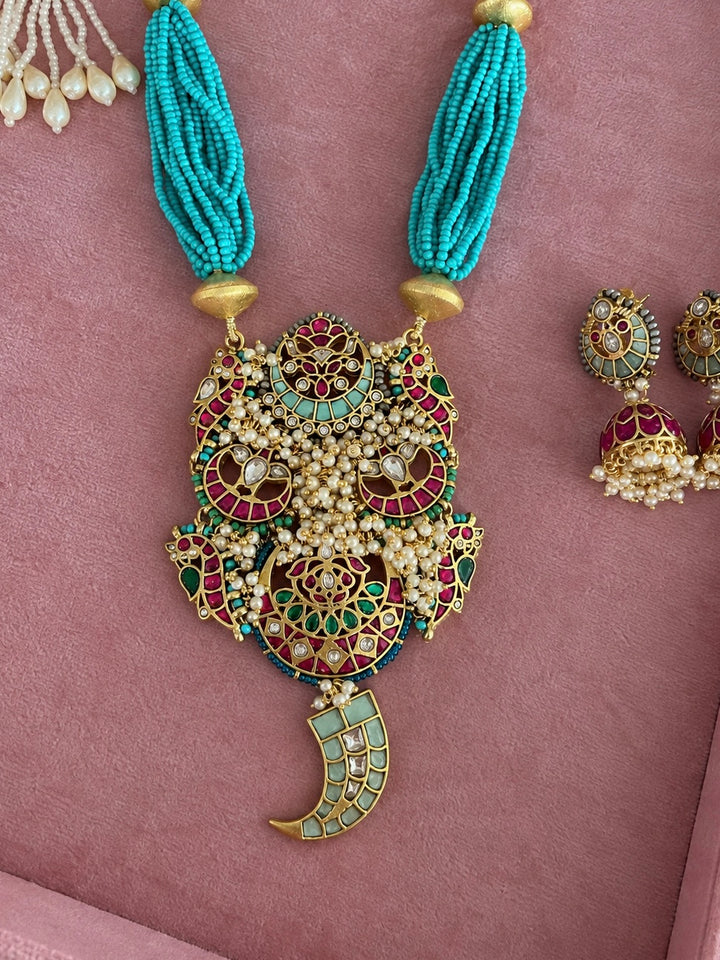 The Neelam Set, Turquoise Multi Strand Bead Pendant Necklace with Jhumka Earrings