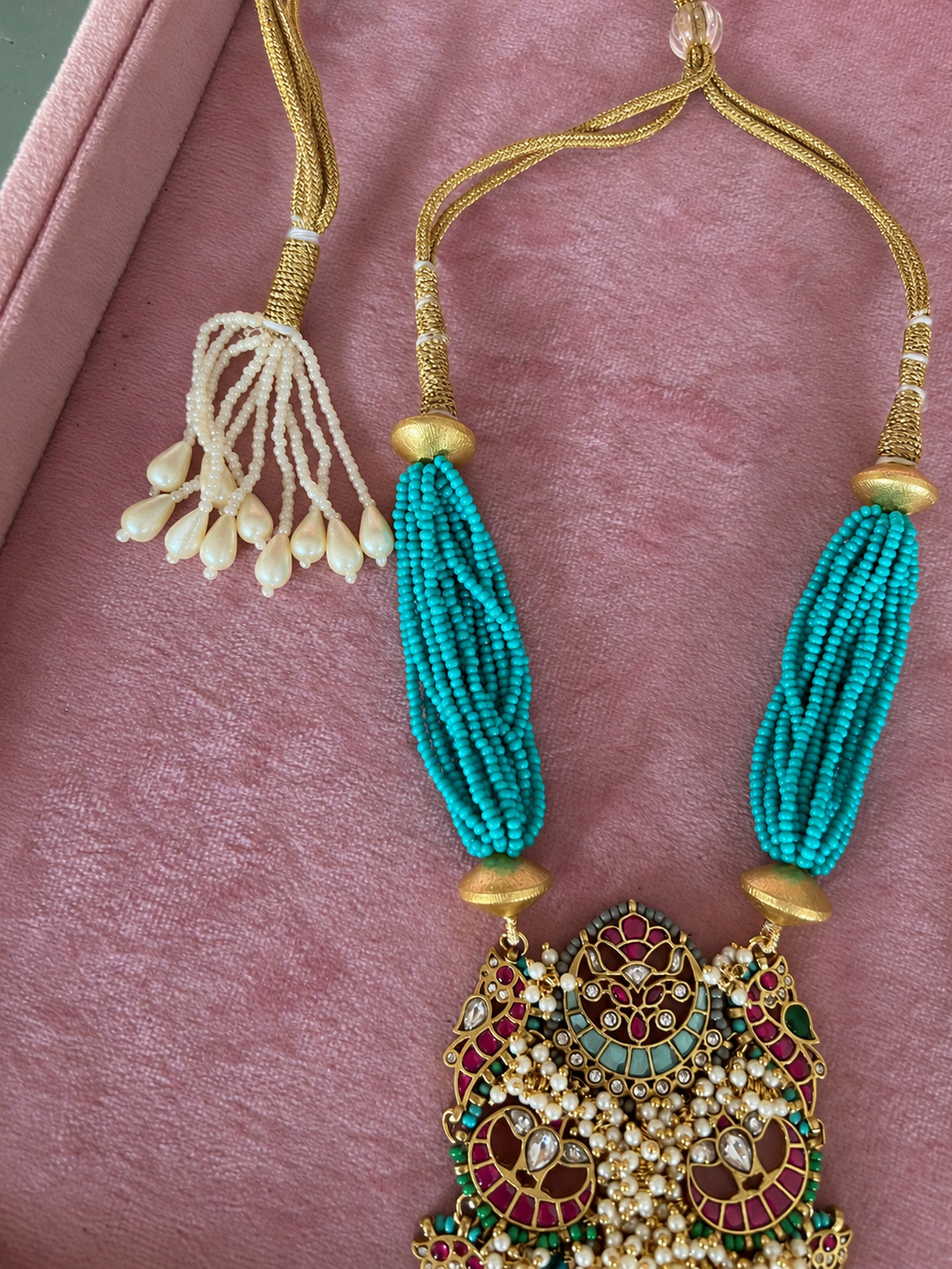 The Neelam Set, Turquoise Multi Strand Bead Pendant Necklace with Jhumka Earrings
