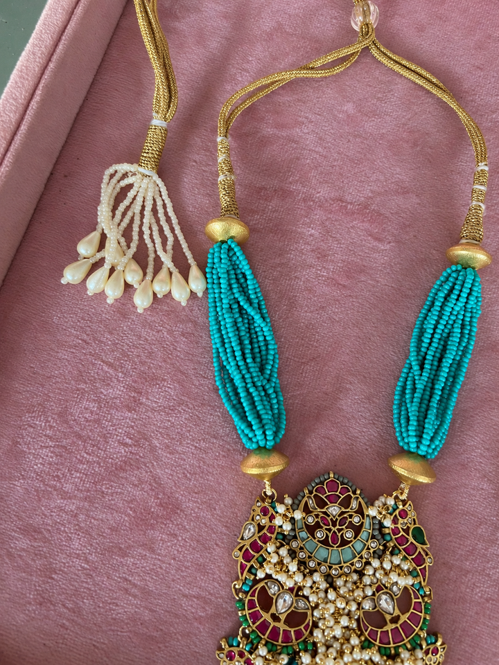 The Neelam Set, Turquoise Multi Strand Bead Pendant Necklace with Jhumka Earrings