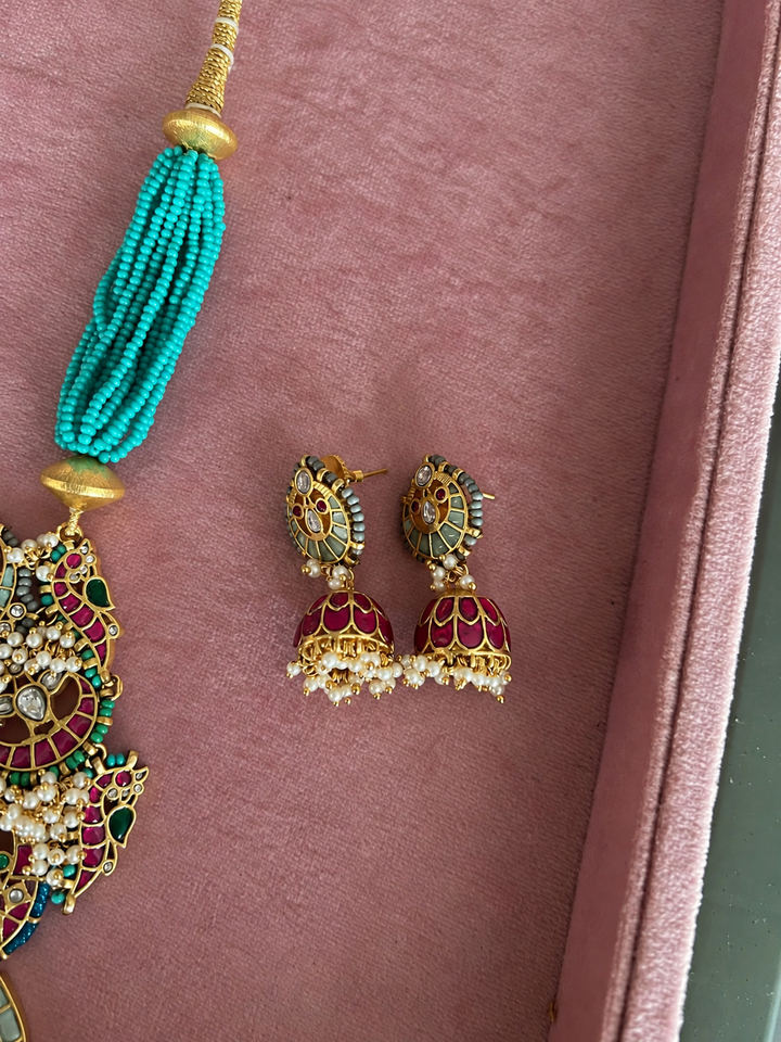 The Neelam Set, Turquoise Multi Strand Bead Pendant Necklace with Jhumka Earrings