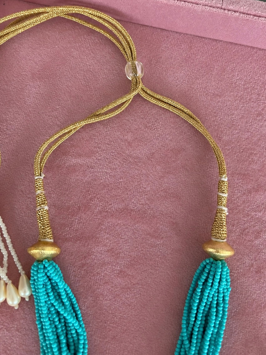 The Neelam Set, Turquoise Multi Strand Bead Pendant Necklace with Jhumka Earrings