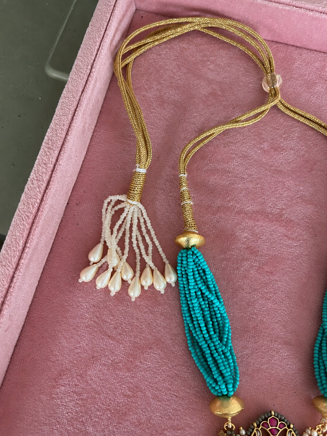 The Neelam Set, Turquoise Multi Strand Bead Pendant Necklace with Jhumka Earrings