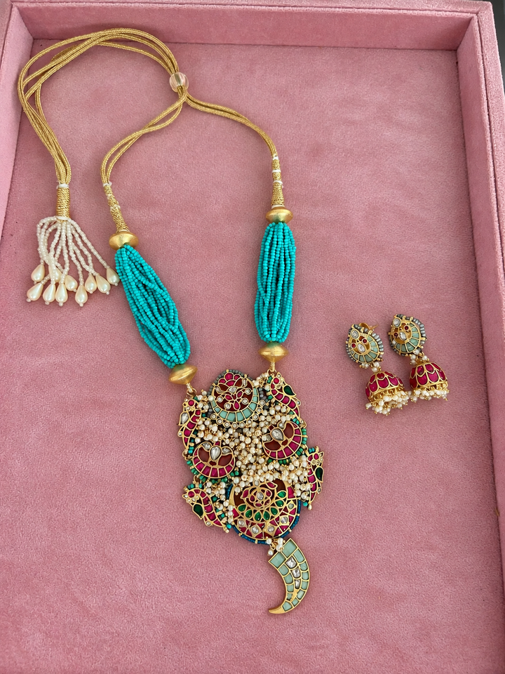 The Neelam Set, Turquoise Multi Strand Bead Pendant Necklace with Jhumka Earrings
