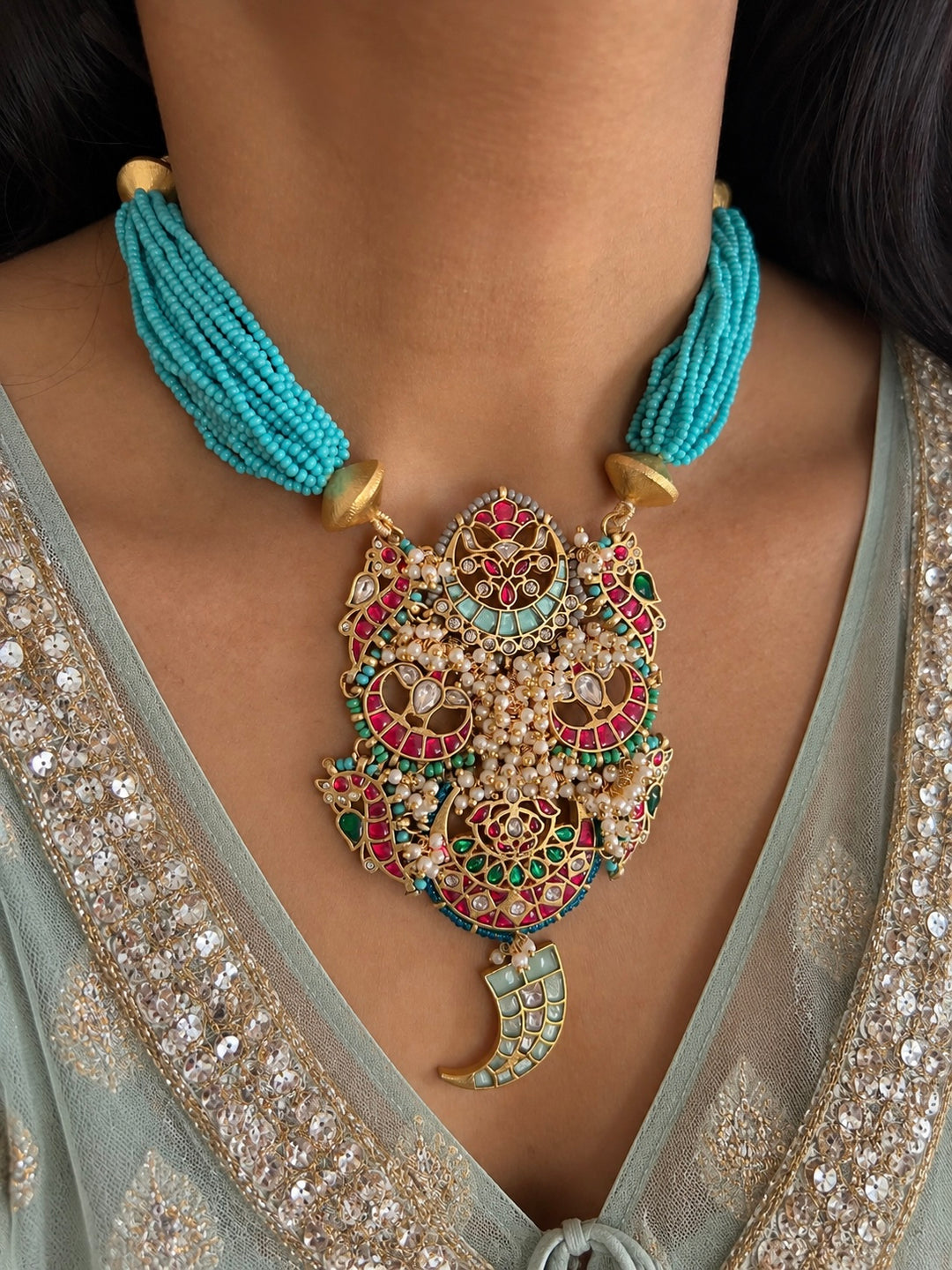 The Neelam Set, Turquoise Multi Strand Bead Pendant Necklace with Jhumka Earrings