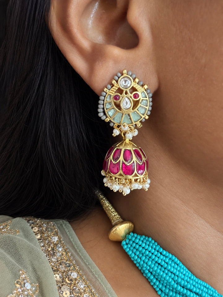 The Neelam Set, Turquoise Multi Strand Bead Pendant Necklace with Jhumka Earrings