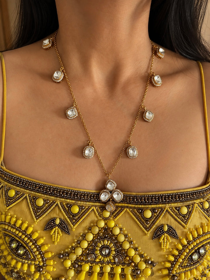 Antique Gold Plated Delicate Chain Necklace with Dangle Charms & Drop Earrings