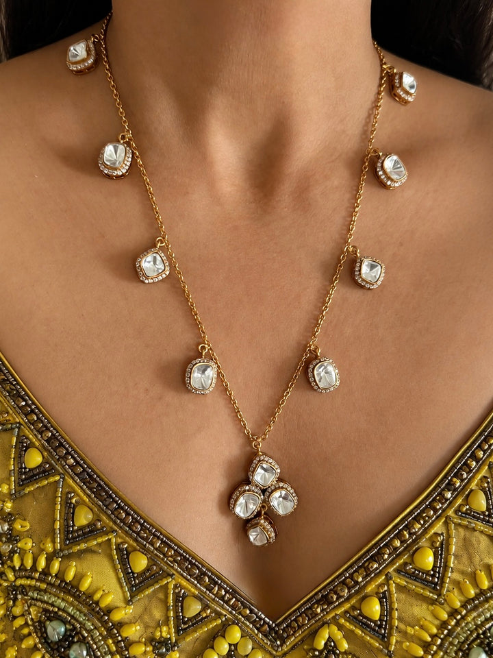 Antique Gold Plated Delicate Chain Necklace with Dangle Charms & Drop Earrings