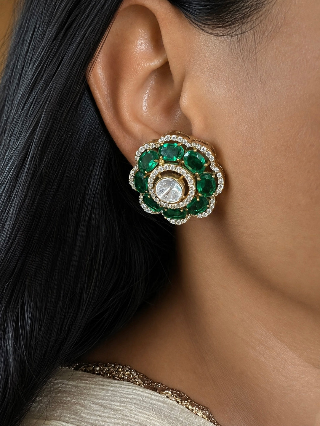 925 Silver Emerald Polki Stud Earrings, Gold Plated Uncut Diamond Flower Tops