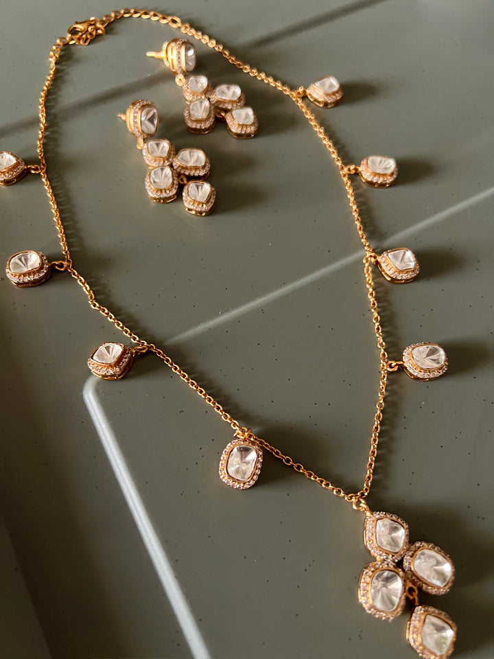 Antique Gold Plated Delicate Chain Necklace with Dangle Charms & Drop Earrings