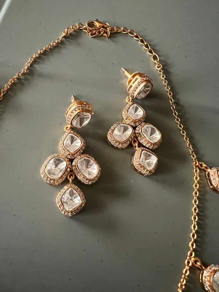 Antique Gold Plated Delicate Chain Necklace with Dangle Charms & Drop Earrings
