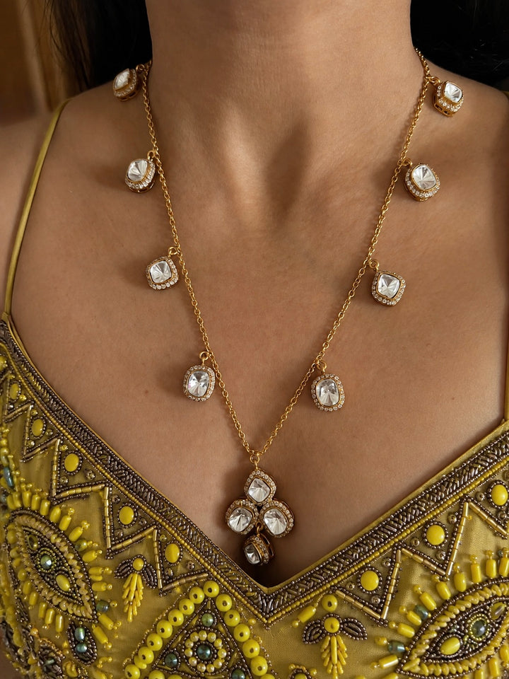 Antique Gold Plated Delicate Chain Necklace with Dangle Charms & Drop Earrings
