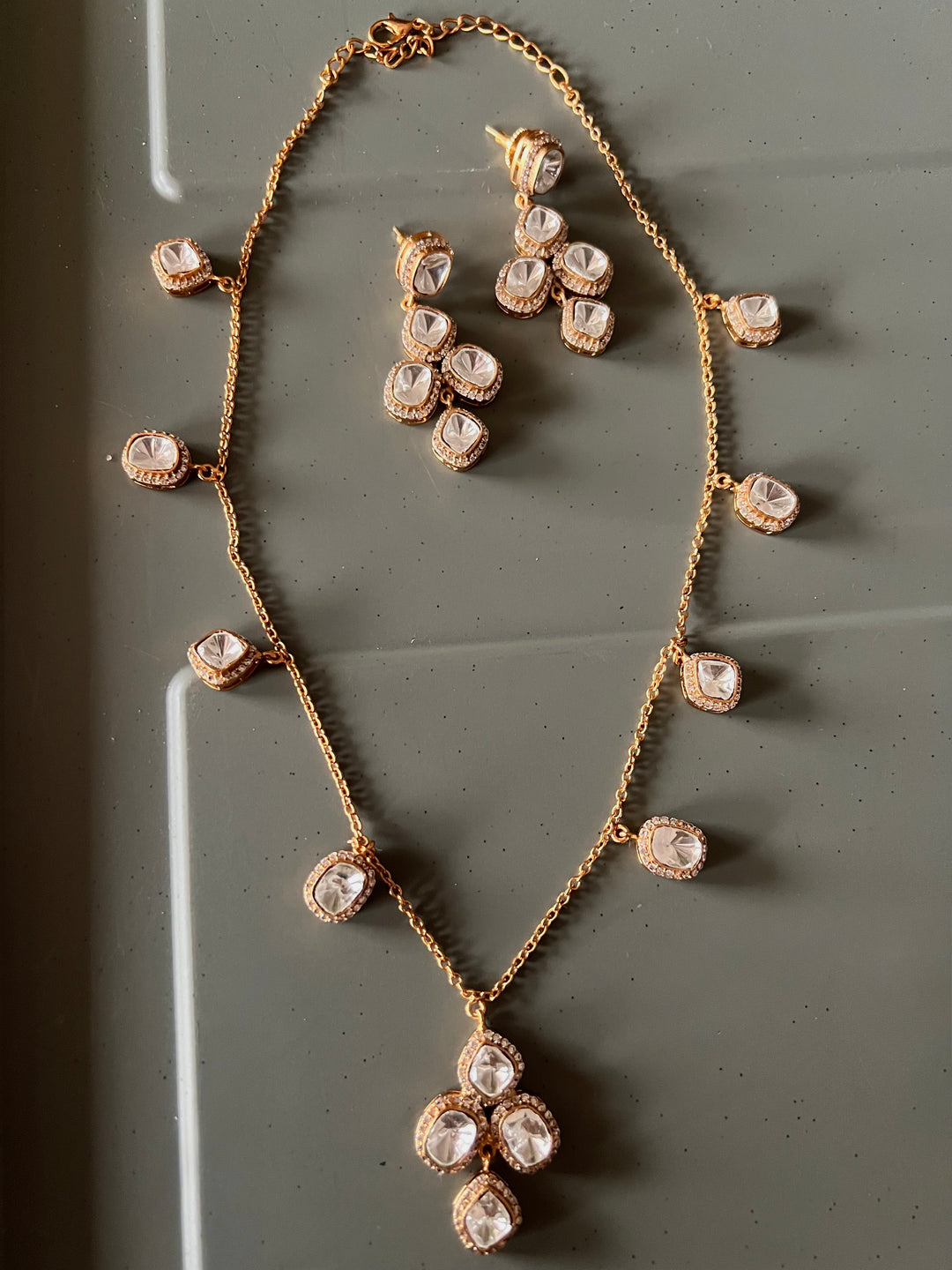 Antique Gold Plated Delicate Chain Necklace with Dangle Charms & Drop Earrings